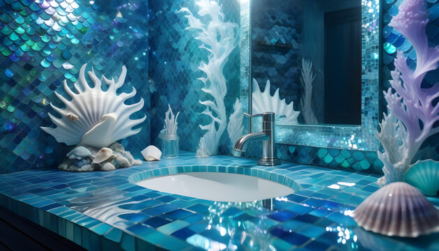 A beautiful place under the sea for a mermaid. Shiny tiles, special mirror, pretty colors ai generates