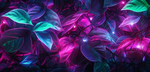Neon light graffiti featuring a network of pink and green leaves on a botanical 3D background