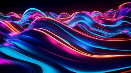 Vibrant neon light graffiti with abstract, multicolored stripes on a dynamic 3D surface