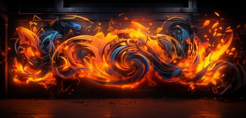 Vibrant neon light graffiti with a burst of orange and black flames on a fiery 3D surface