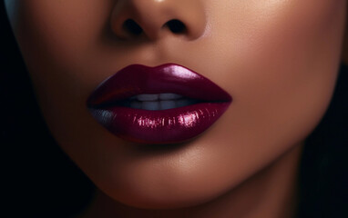 Close up black woman's lips with burgundy red lip gloss. Lips makeup. Lipstick advertising
