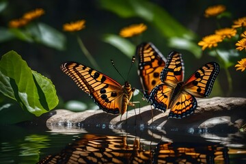 Hieroglyph photo of butterflies. animals. enchanted kingdom showing beautiful forest with water and lots of flowers-