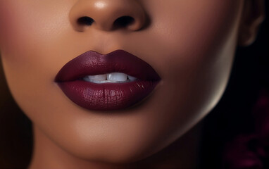 Close up black woman's lips with burgundy red matte lipstick. Lips makeup. Lipstick advertising
