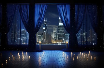 Fototapeta na wymiar Digital Wedding Backdrop for Photography with Skyscraper View: Minimal Blue Drapery and Candles on Wooden Floor 