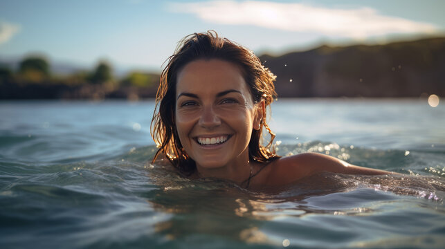 image of happy woman swim in the lake