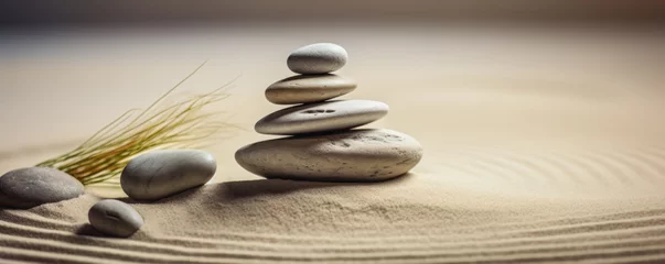 Fotobehang Stacked zen stones sand background art of balance concept banner © Natalia Klenova