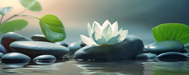 Foto op Canvas Beautiful lotus flower and stack of stones on water surface © Natalia Klenova