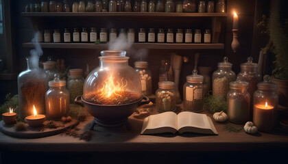 A special place for a witch with stove like a cauldron. Jars with magic stuff and a book that turns pages on its own ai generation - obrazy, fototapety, plakaty