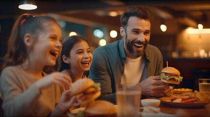 medium shot of happy family enjoying fast food party