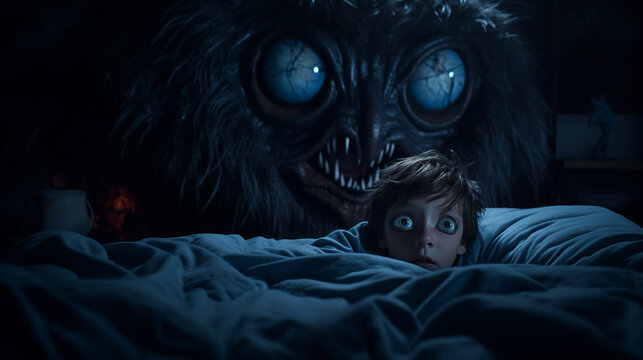 Frightened little boy lies awake in bed due nightmarish dream, terrifying monster lurks in dimly lit room embodying childhood fears and fear of darkness, dreadful horrifying monster in boys room