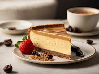 Slice of baked coffee cheesecake, Baked coffee cheesecake slice, Coffee cheesecake slice, piece of cake with coffee