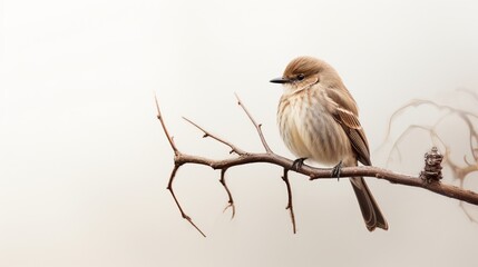 a brown bird perched on a branch against a clean white background, its quiet contemplation frozen in high-definition clarity. - obrazy, fototapety, plakaty