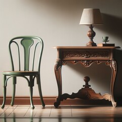 Empty Green Indoor Room with Furniture and Wall