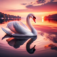Sunset Reflection: Majestic Swan in Nature's Beauty