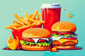 set of delicious fast food with burger, fries and drinks illustration