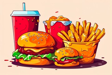 set of delicious fast food with burger, fries and drinks illustration
