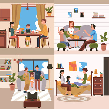 Vector set of posters of daily family home leisure.