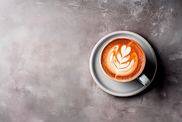 Top view of a freshly brewed latte with artistic foam design, presented on a rustic grey textured background. - 694230266