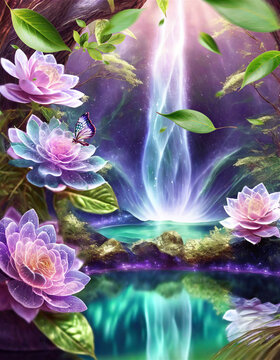 Beautiful  fantasy, landscape, waterfall, lake, trees, leafs, lilis, pink flowers, purple flowers and leafs