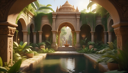 A hidden jungle place with stone furniture, vines, secret garden, golden water fountain ai generation