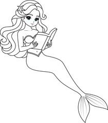Naklejka premium Hand-drawn illustration of kawaii mermaid princess reading book coloring page for kids and adults. Mermaid colouring book