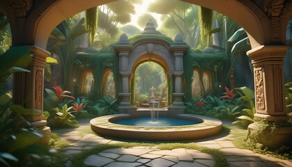 Fototapeta na wymiar A hidden jungle place with stone furniture, vines, secret garden, golden water fountain ai generation