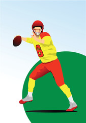 American football player image. Poster. Vector 3d illustration. Hand drawn illustration