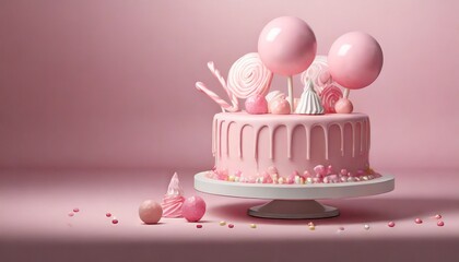 pink birthday cake with frost icing and candy pops