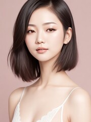 Fototapeta premium Asian Model Posing for Hairstyle Advertorial - Chic Styles at Your Local Hair Salon