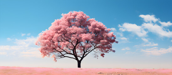A pink tree stands alone in an open field cherry blossom tree in full bloom on a clear day hyperrealist cinematic blossom cherry tree in sunlight.AI Generative