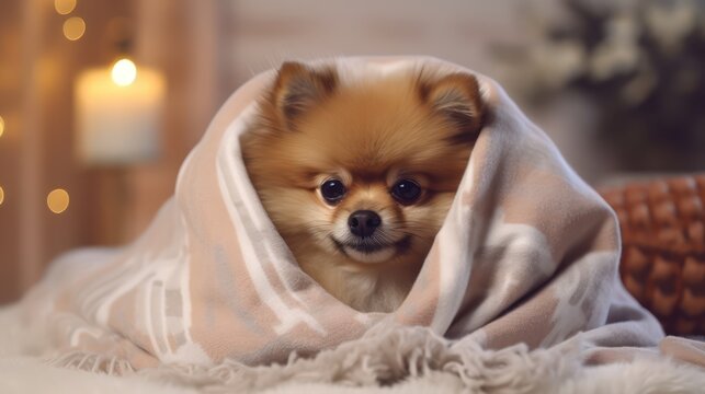 A delightful image of a cute dog tucked under a blanket, engaged in playful antics to keep its body warm in winter.
