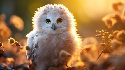 A cute fluffy white owl, beautiful Backlight, start the morning, wildlife photos, looking at the camera