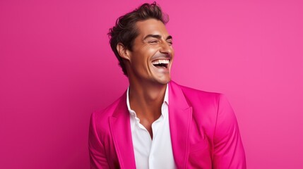 A portrait of a handsome man, smiling and laughing, dressed in a stylish pink suit or trendy formal attire. The background is a solid, bright pink.
