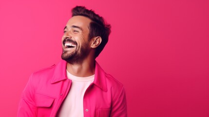 Obraz premium A portrait of a handsome man, smiling and laughing, dressed in a stylish pink suit or trendy formal attire. The background is a solid, bright pink. 