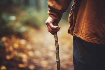 man holding walking stick close up of hand, back view on outdoor hiking trail - obrazy, fototapety, plakaty