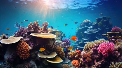 Photo of coral reefs in shallow seas, filled with marine plants and beautiful ecosystems