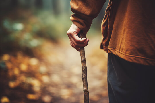man holding walking stick close up of hand, back view on outdoor hiking trail
