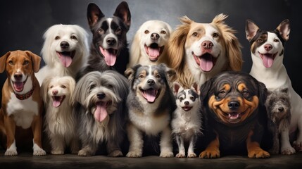 A gathering of dogs showcasing different shapes, sizes, and breeds. Wild pets with expressions of happiness, eagerly waiting for adoption.
 - obrazy, fototapety, plakaty