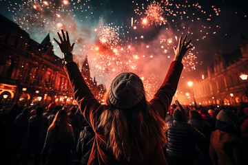People holding up sparklers with their hands, in the style of detailed crowd scenes, New Year's celebrations.