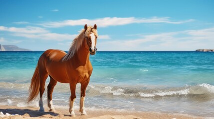 Obraz na płótnie Canvas A handsome brown horse with an ocean view at the beach. 