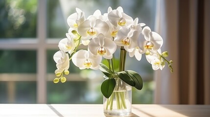 White orchid flower in beautiful vase blooming in spring summer autumn with yellow sunlight in the evening or morning