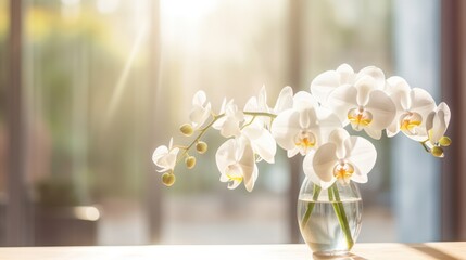 White orchid flower in beautiful vase blooming in spring summer autumn with yellow sunlight in the...