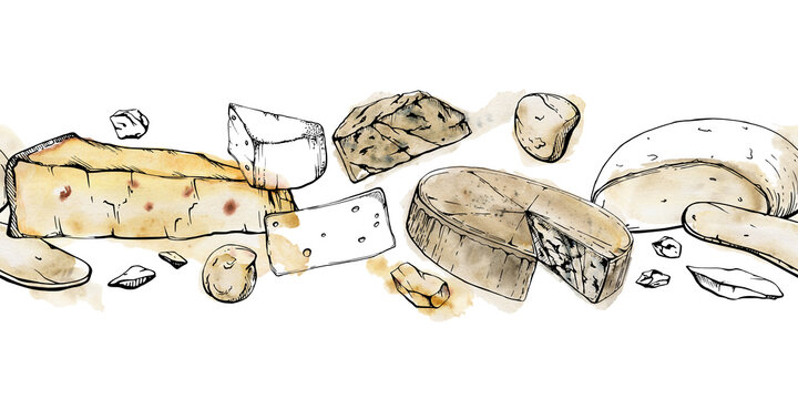 Hand drawn watercolor ink illustration. Assorted cheese mozzarella parmesan edam emmental gruyere gorgonzola. Seamless border isolated on white. Restaurant menu, cafe, food shop package, flyer print.