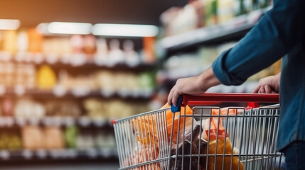 Man holding shopping trolley in the supermarket.