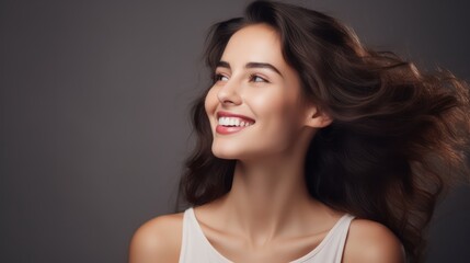 An image showcasing the beauty of a woman with a captivating smile and a gorgeous face, serving as a promotional model for facial care, dental care, and beauty items.
 - obrazy, fototapety, plakaty