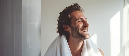 A rejuvenated man dries his hair with a towel after a calming shower, smiling as he takes care of himself in a studio.
