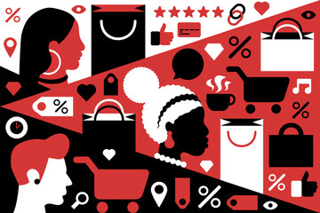 People Shopping poster in black red white colors with men and women of different genders and nationalities choose purchases, gifts on sale. Template for printing, announcement, guests inviting. Vector