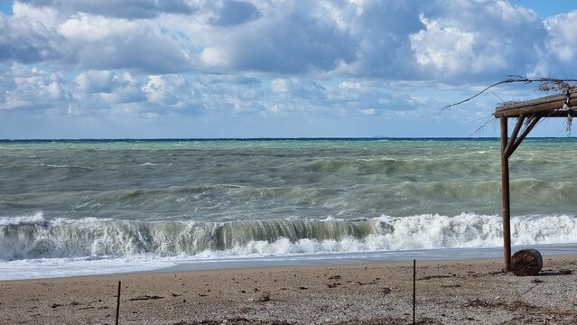 preveza mytikas huge waves on the beach in winter season greece