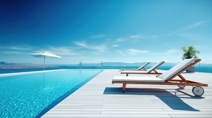 Fototapeta na wymiar chairs for relaxing and sunbathing beside swimming pool and sea beach