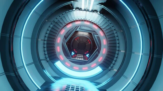 Launch room corridor with airlock door opens sci-fi spaceship in the future. 3D rendering vdo 4k.